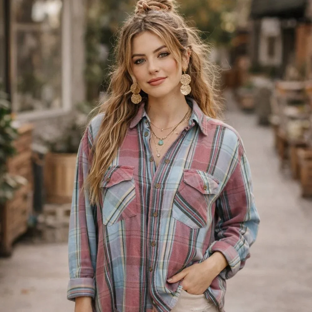 Free People Pink Blue Plaid Fringe Hem Button Shirt Womens Small Country Boho‎